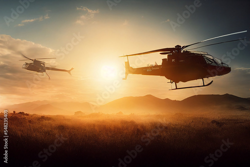 Military helicopters searching over grass field in sunset