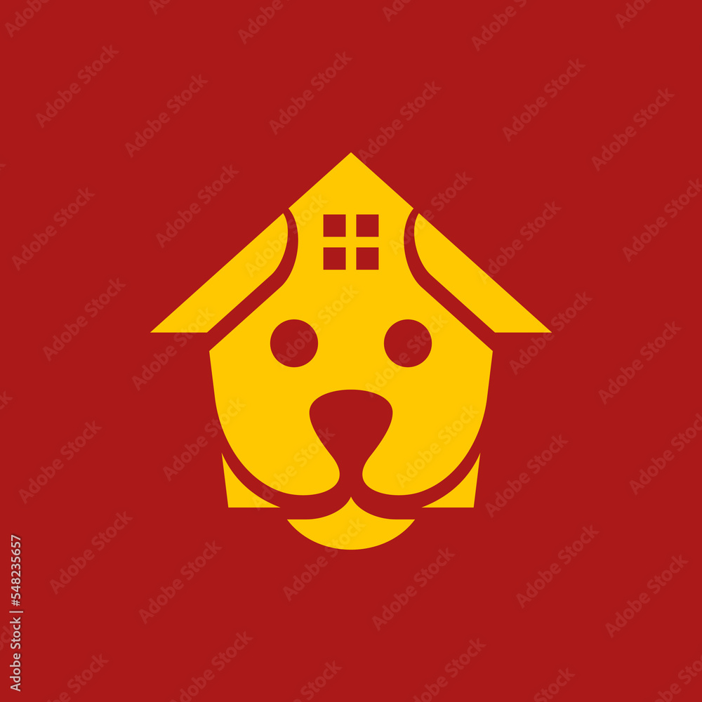 Dog animal logo with Home, home silhouette simple linear geometric shape in minimalist style. Dog animal logo with Home, home silhouette simple linear geometric shape in minimalist style.