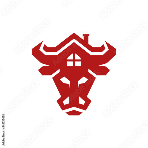 Bull animal logo with Home, home silhouette simple linear geometric shape in minimalist style.