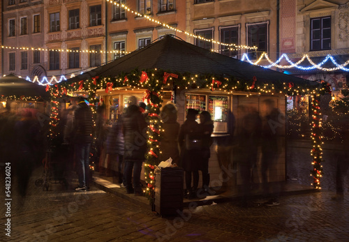 Holiday decorations of Warsaw. Old market square. Poland