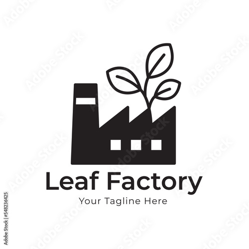 factory building industry with leaf green plant nature logo vector icon design