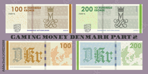 Set of vector gaming currency. The inscriptions in Danish mean one hundred and two hundred crowns, the Danish national bank. Obverse and reverse game fictional banknotes