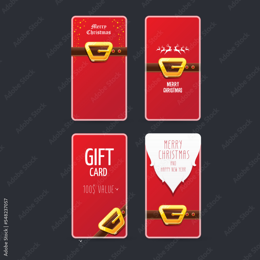 vector red hristmas sale banners set isolated on grey background. christmas vertical background collection with santa claus golden belt and beard . xmas greeting card and poster design template