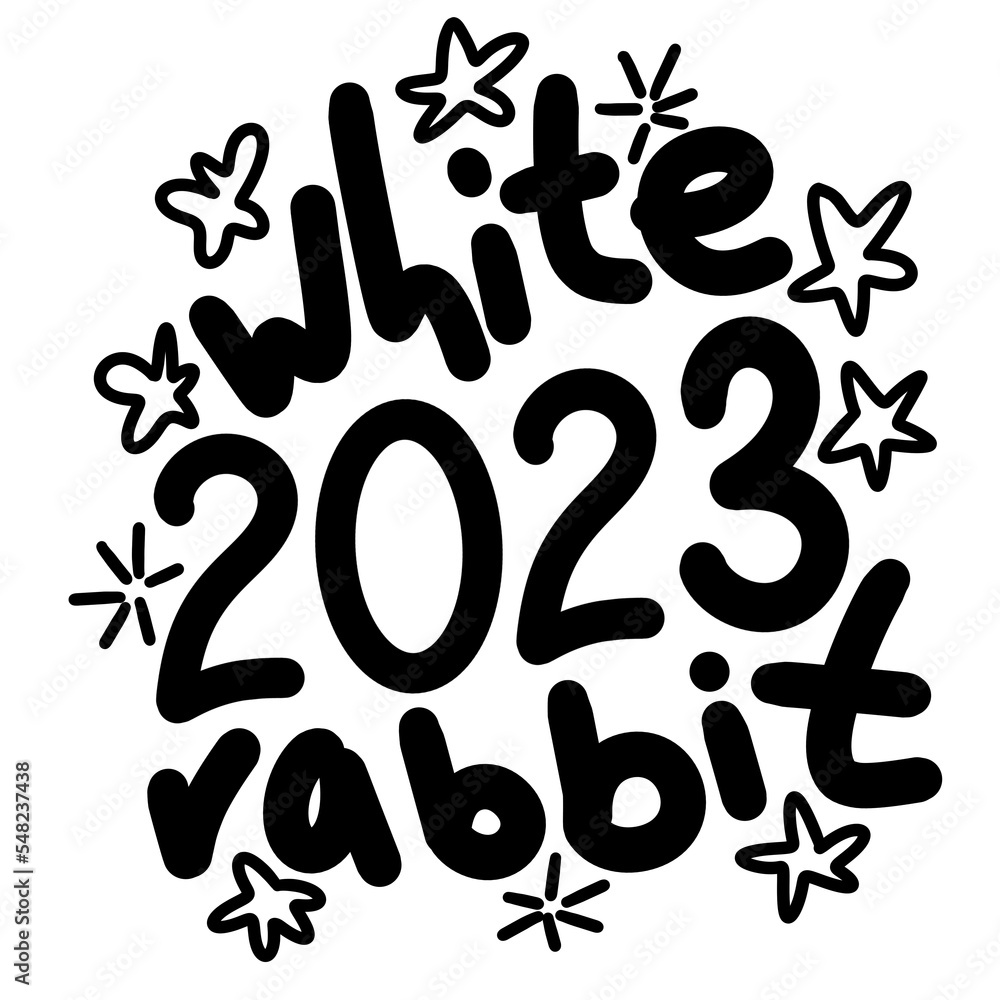 Hand drawn black line illustration of white rabbit 2023 chinese new year symbol. Cute words lettering phrase animal drawing winter card invitation party celebration poster.