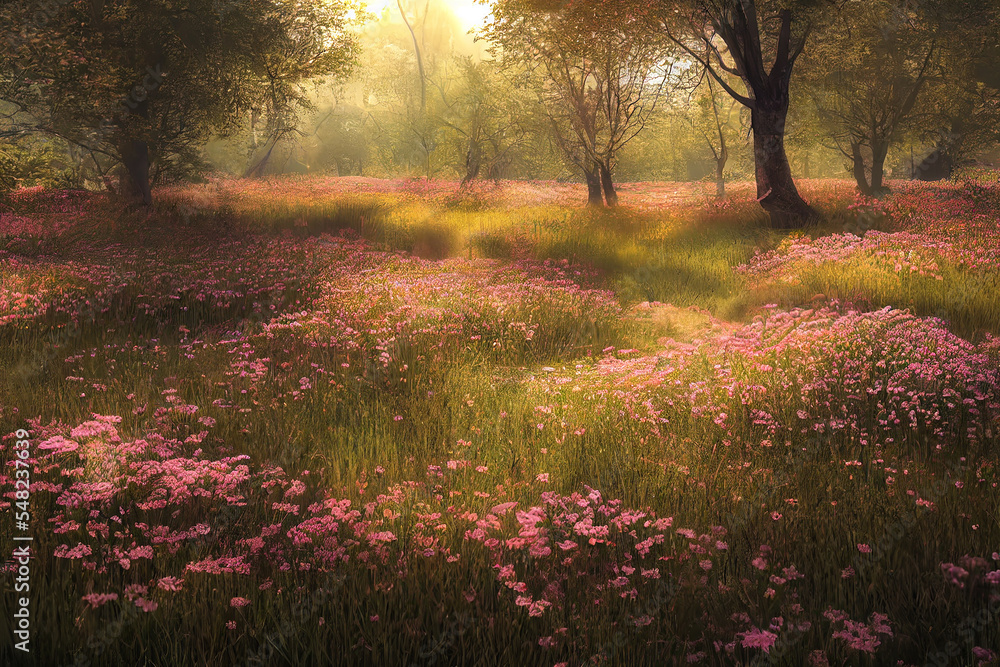 Painting of pink flowers and trees in spring meadow