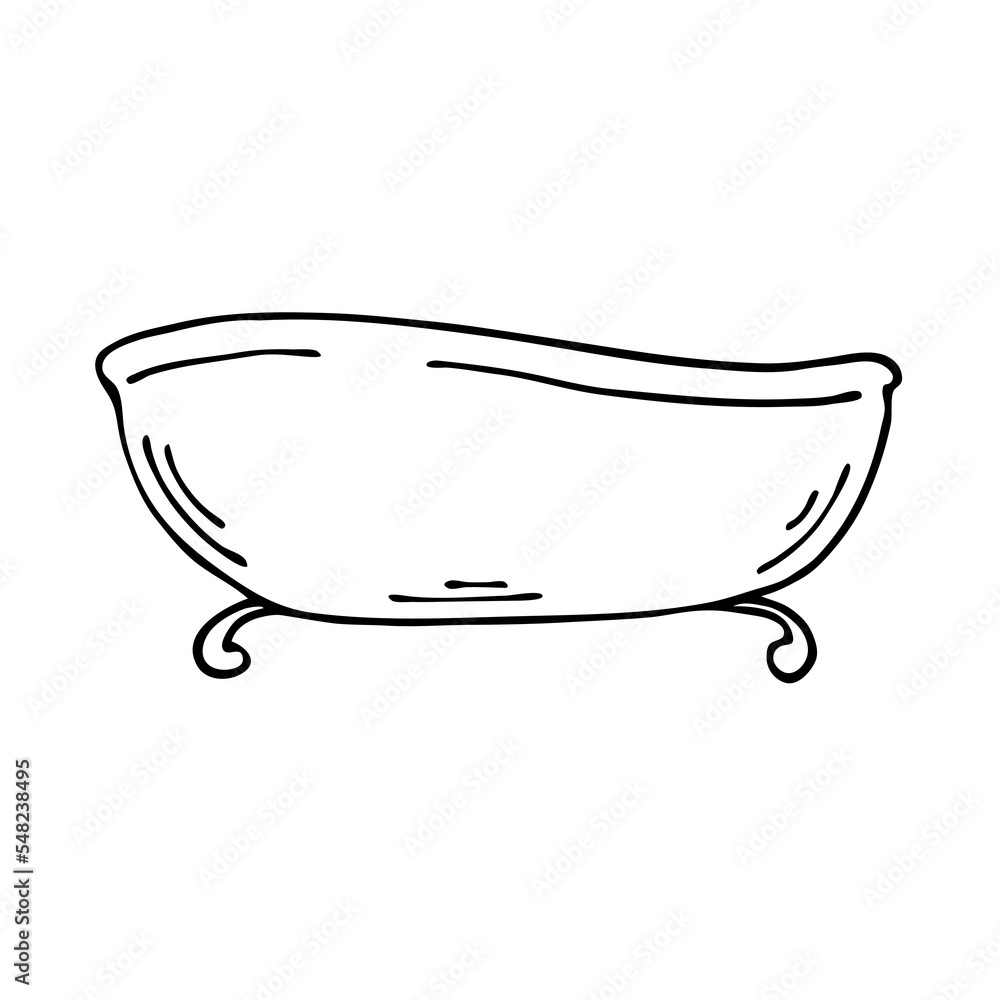 Sketch bath on a white background. Bathroom for hygiene, health relaxation. Vector black and white isolated illustration. Hand drawn outline