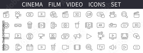 Cinema icons set. Cinema symbols set. Movie line icons. Film, Video icon vector