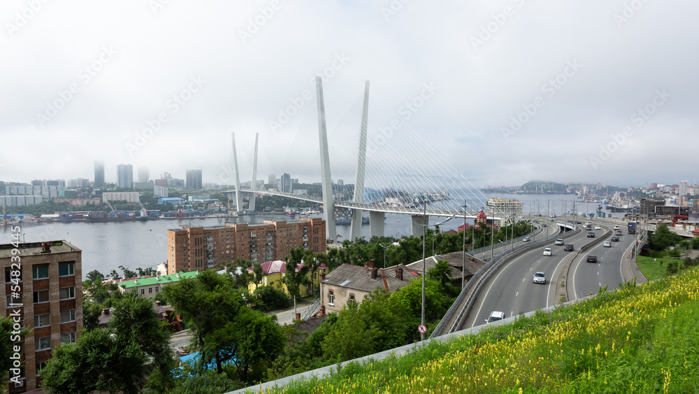 Cable-stayed bridge Golden Bridge in Vladivostok, Primorsky Krai, Russia