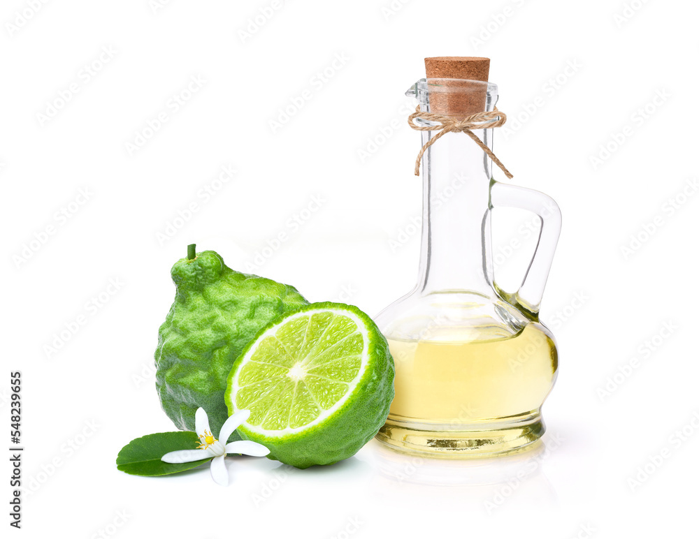 Bergamot essential oil with bergamot fruit isolated on white background. Bergamot essential oil with bergamot fruit isolated on white background.