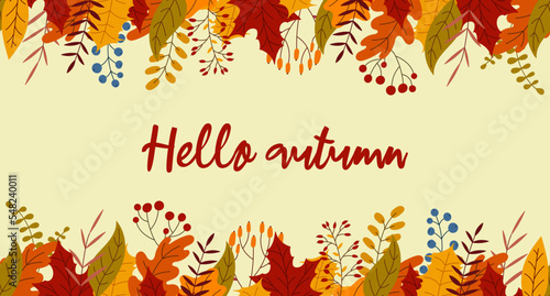 Hello autumn lettering postcard. Seamless horizontal banner with autumn colorful plants. Charming autumn pattern. Hand drawn. Vector illustration