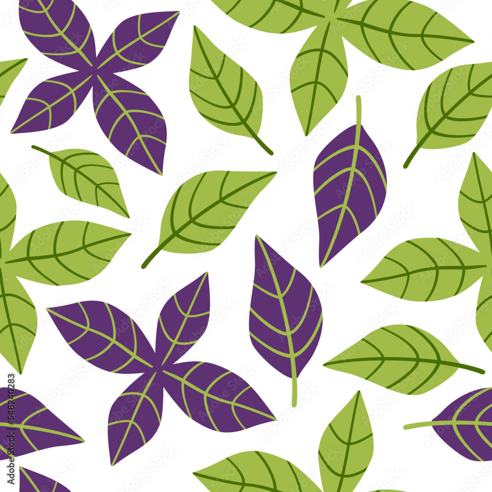 Cartoon seamless pattern with green and purple basil. Texture for textiles, packaging, wallpapers. Vector illustration isolated on white background.