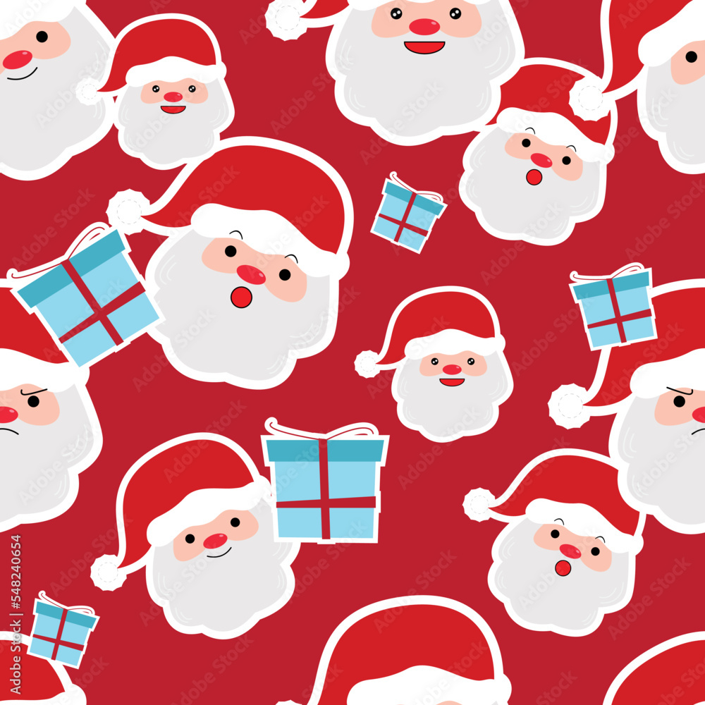 Santa Claus face emotion with gift box seamless pattern background . Design ideas for gift wrapping paper or print on fabric for Christmas and New Year festivals. vector images.