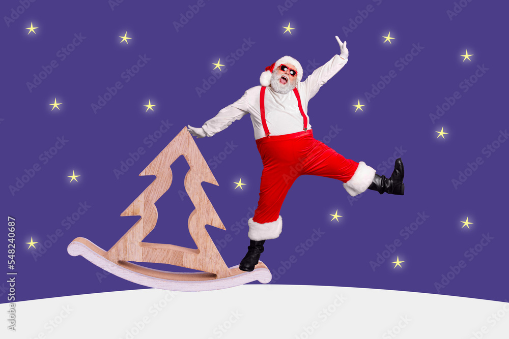 Creative collage picture of overjoyed excited santa grandfather stand evergreen tree shape sledge isolated on night stars background