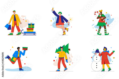 Christmas celebration set of mini concept or icons. People buy and give gifts, drink champagne, dress up in elf costume, make snowman, modern person scene. Illustration in flat design for web