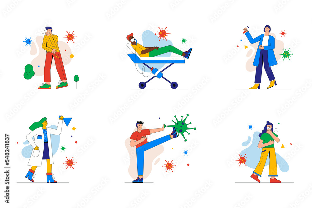 Coronavirus set of mini concept or icons. People cough get sick covid 19, patient hospitalization, virus research, fight and prevention, modern person scene. Illustration in flat design for web