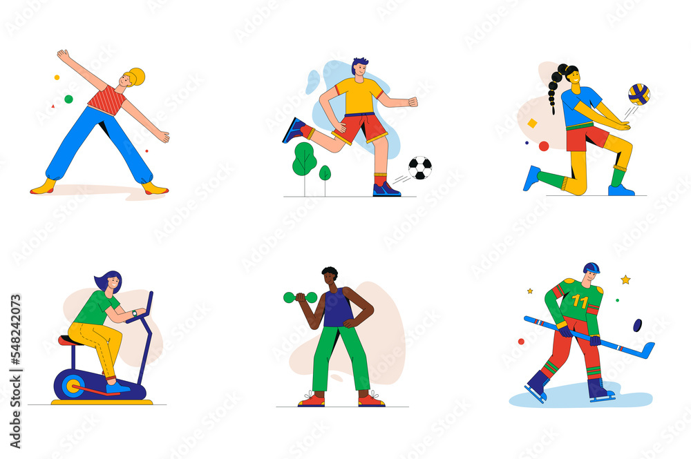 Sport and fitness set of mini concept or icons. People exercise, do yoga, exercise with dumbbells, play football, volleyball or hockey, modern person scene. Illustration in flat design for web