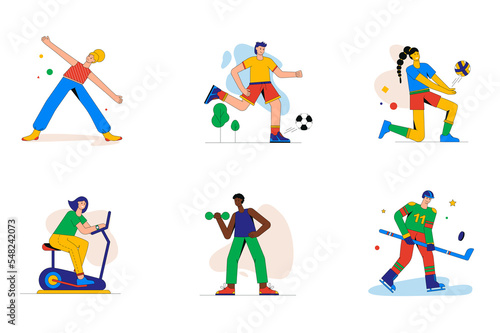 Sport and fitness set of mini concept or icons. People exercise, do yoga, exercise with dumbbells, play football, volleyball or hockey, modern person scene. Illustration in flat design for web