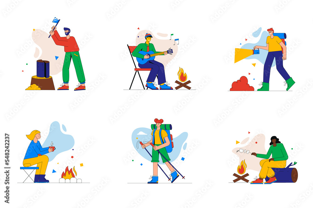 Camping and hiking set of mini concept or icons. People relaxing, sing and drink by fire, fries marshmallows, tourists follow route, modern person scene. Illustration in flat design for web