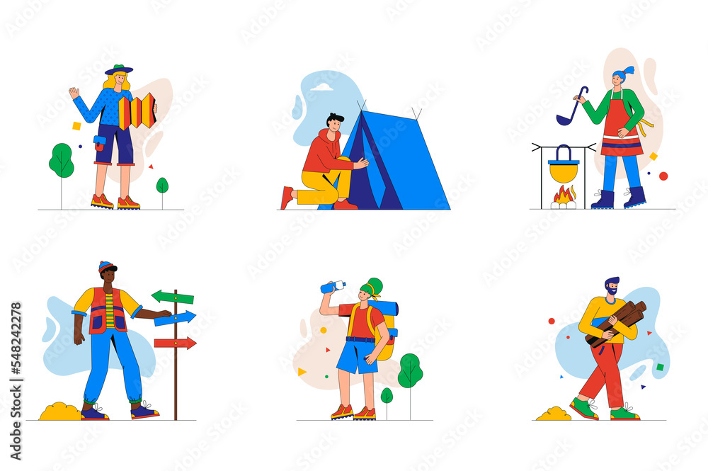 Camping and hiking set of mini concept or icons. People resting in tent, cooking on campfire, collect firewood, follow route on map, modern person scene. Illustration in flat design for web