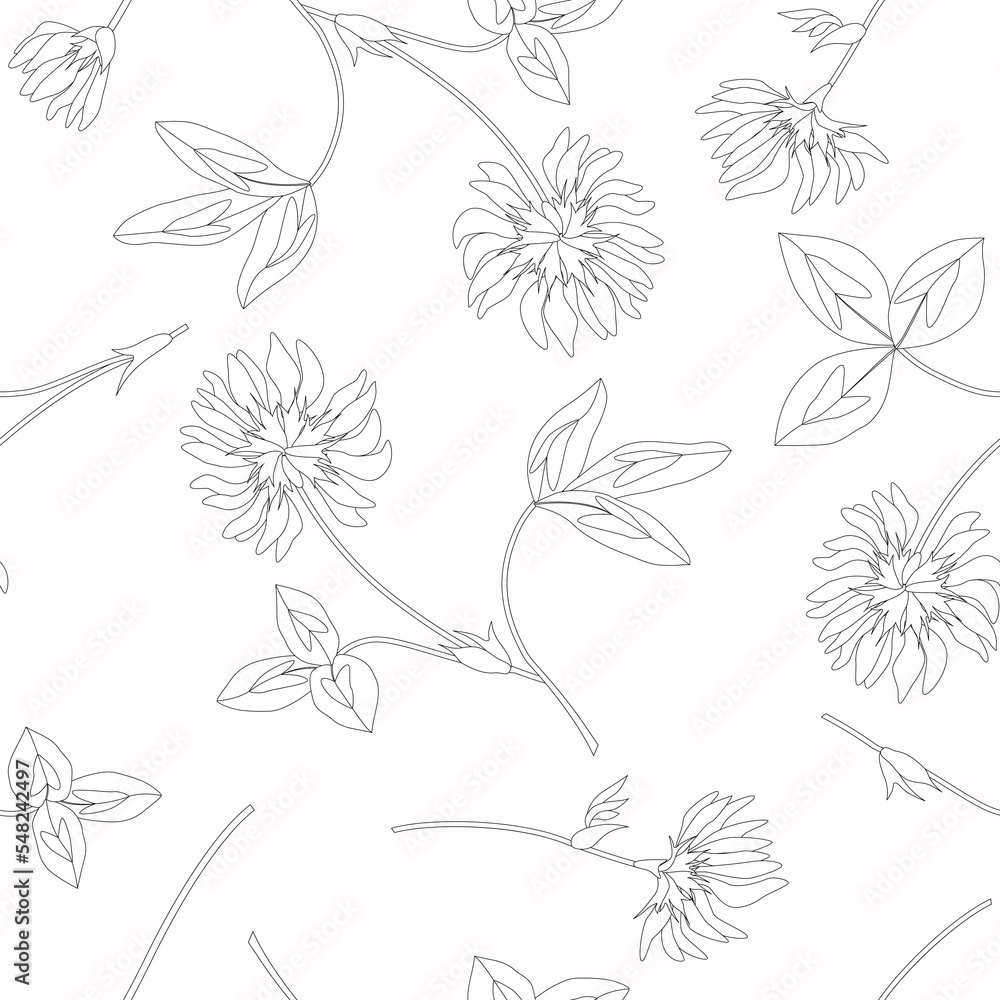 Fototapeta premium Clover flower. Simple minimalistic floral seamless pattern. Seamless background with floral herbs. Vintage botanical monochrome print with wild field and meadow plants.