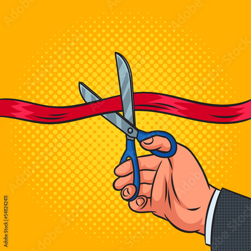 Red ribbon cutting pinup pop art retro vector illustration. Comic book style imitation.