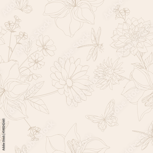 Flowers. Retro silhouette meadow flowers seamless pattern, retro style design for fashion, fabric, cobwebs, wallpaper, packaging and all prints on vintage background.