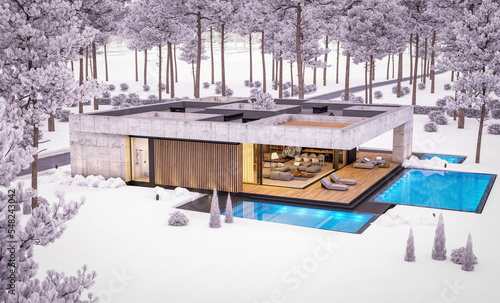 Wallpaper Mural 3d rendering of new concrete house in modern style with pool and parking for sale or rent and beautiful landscaping on background. One floor house. Cool winter evening with cozy light from windows Torontodigital.ca
