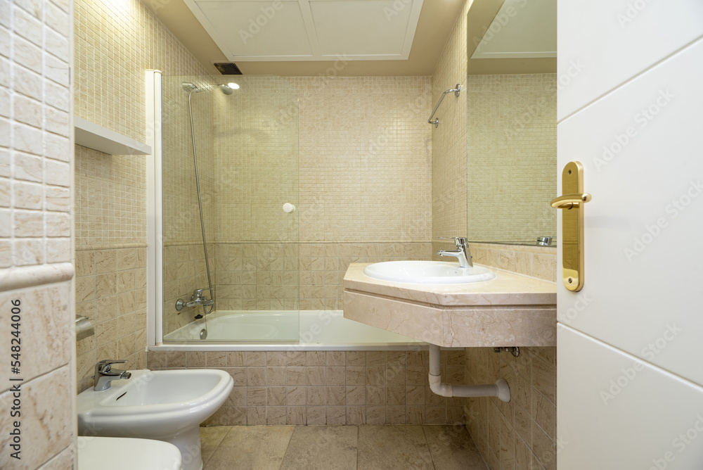 custom made wallpaper toronto digitalBathroom with large mirrors on the walls covered in imitation marble tiles, cream marble floors with a matching countertop and glass partition