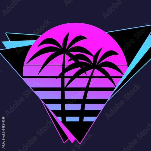 80s style retrowave illustration of palm trees and the sun in purple and black colors photo