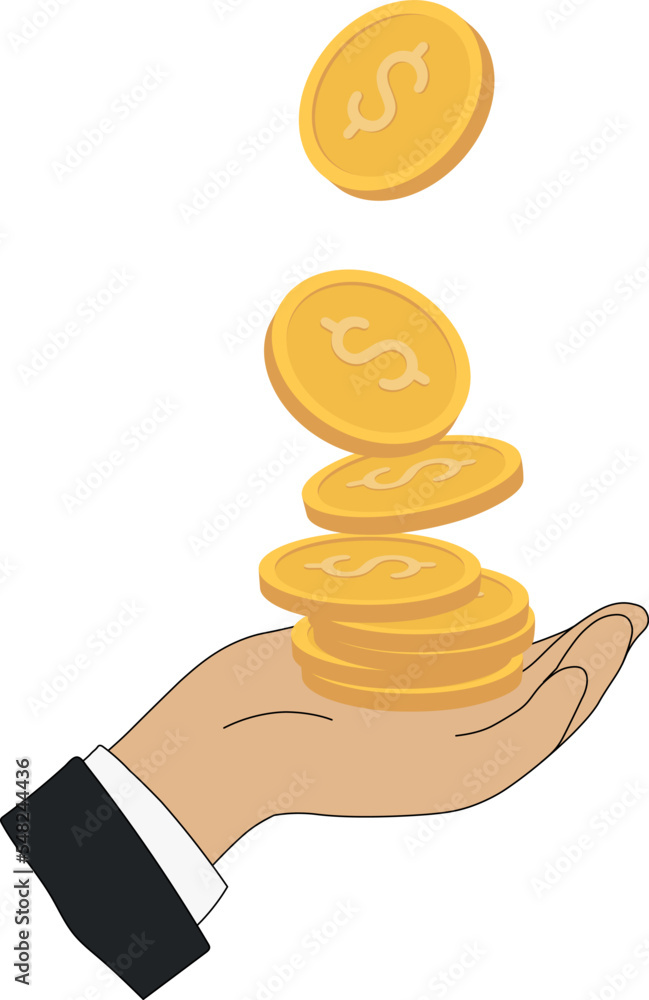 The person gets a lot of money. Vector illustration of gold coins dollars in hand. Making a profit, cashback The person gets a lot of money. Vector illustration of gold coins dollars in hand. Making a profit, cashback
