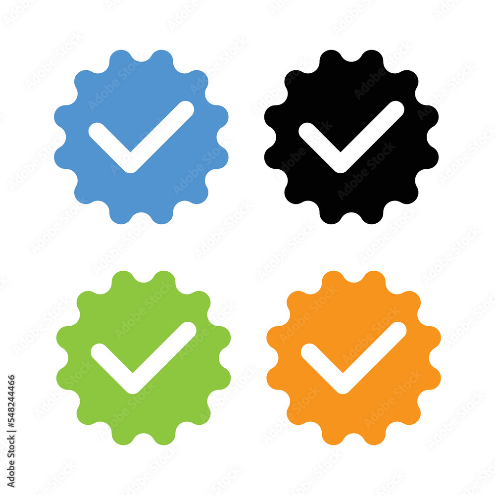 Verified badge profile set for social media application. Profile Verification. Approved icon with white check mark on blue, black, green and orange backgrounds. Vector illustration Verified badge profile set for social media application. Profile Verification. Approved icon with white check mark on blue, black, green and orange backgrounds. Vector illustration