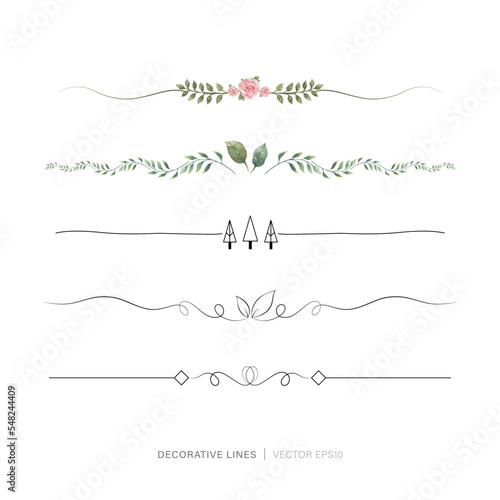 Print op canvas Page end or divider drawing line collection, botanical theme