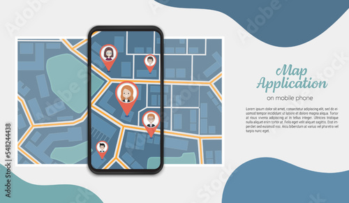 Map application on mobile phone with city direction street view and map pointers