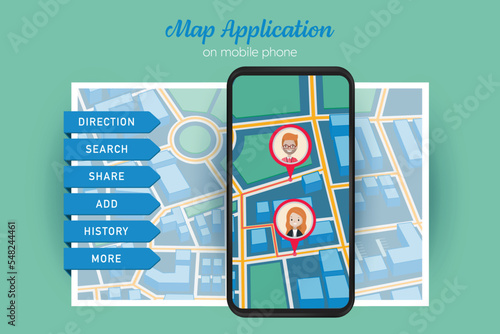 Map application on cell phone with city direction street view and map markers