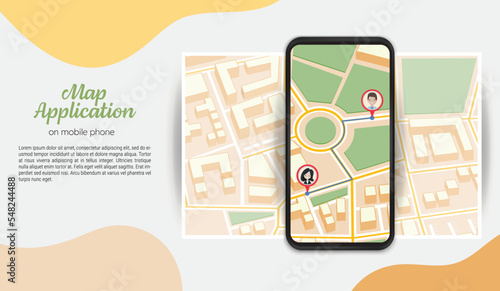 Map application on mobile phone with city direction street view and map pointers