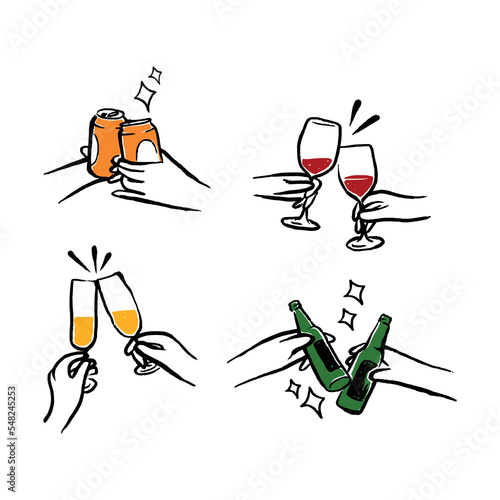 Hands holding champagne, beer in cheers handdrawn line art