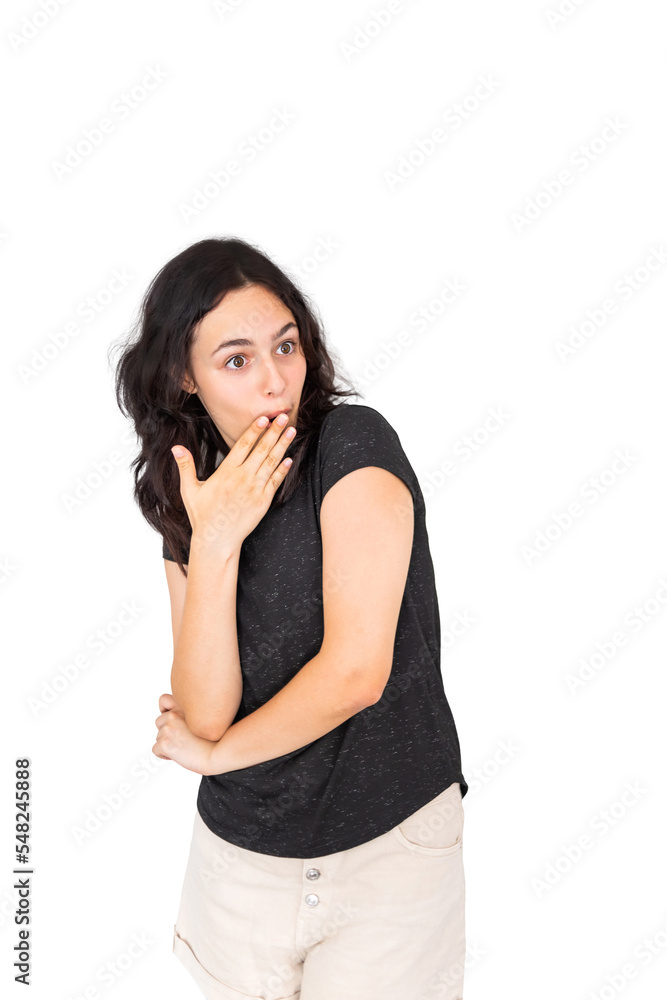 Surprised and shocked girl isolated on white. Emotional pretty brunette Surprised and shocked girl isolated on white. Emotional pretty brunette