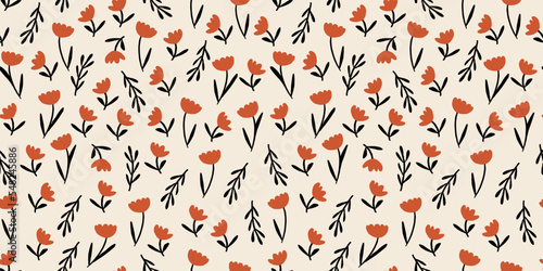 Vector seamless pattern with ditsy flowers, minimalistic flowers pattern, autumn flowers. Vector illustration