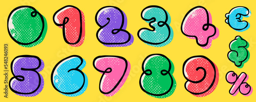 Numbers set hand-drawn with a marker with paint shift effect and vintage grunge texture.