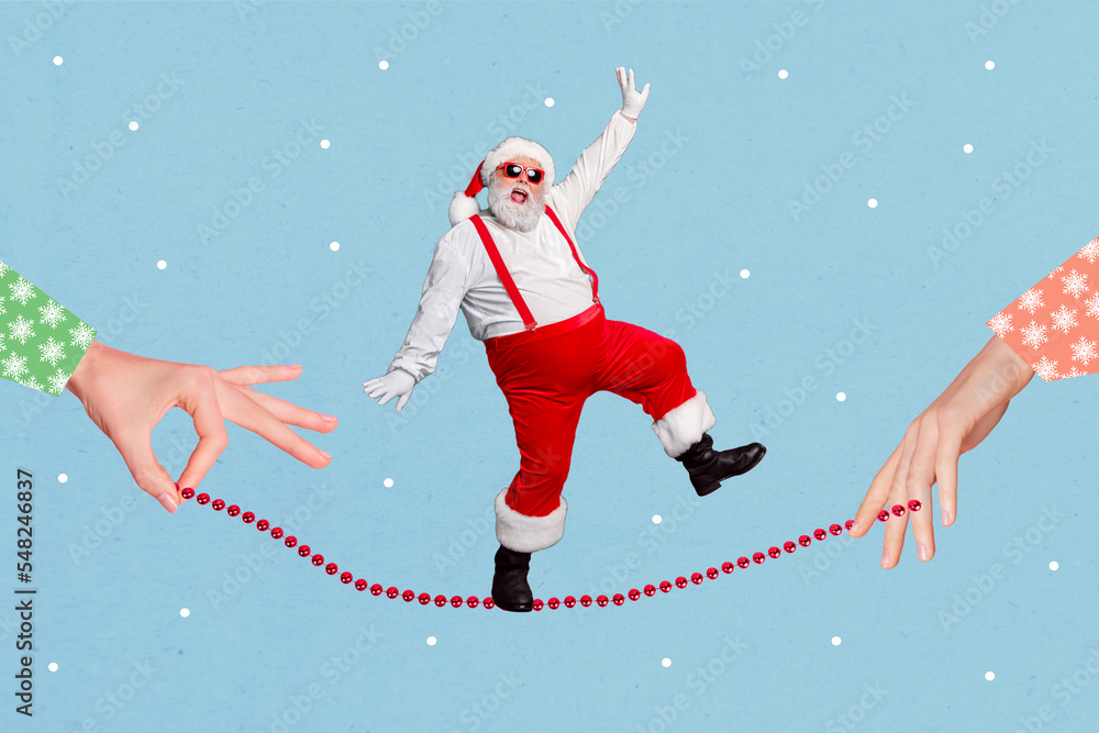 Composite collage image of two hands hold rope excited mini santa claus walking balancing isolated on drawing snowfall background