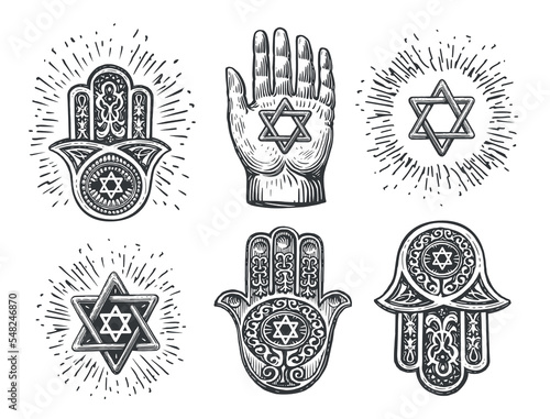 Set traditional Jewish Hamsa amulets, hand of Miriam, hand with six-pointed star of David. Vintage vector illustration photo