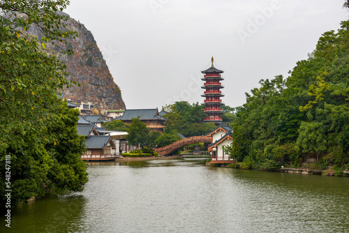 Mountain scenery and ancient Chinese buildings in Guilin, Guangxi, China