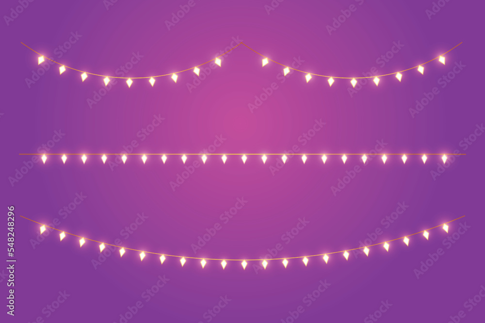 Obraz premium Diamond shaped light buntings on purple background. Merry Christmas Greeting card. Happy new year. Xmas Holiday poster vector illustration.