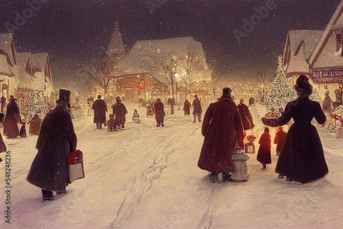 Christmas card illustration vintage style, oil pastel hand-painted style ai generated, village with people celebrating Christmas on a snowy day, happiness