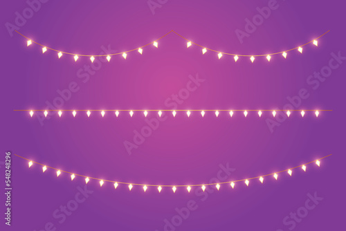 Diamond shaped light buntings on purple background. Merry Christmas Greeting card. Happy new year. Xmas Holiday poster vector illustration.