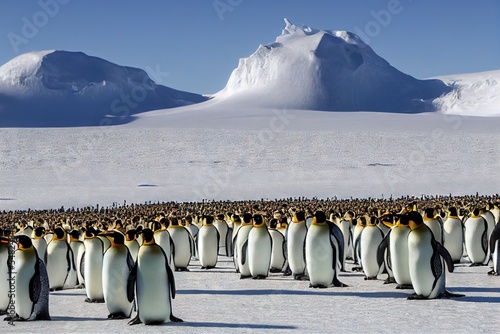 Slika na platnu Large flock of emperor penguins gathered on ice floe on cold sunny day
