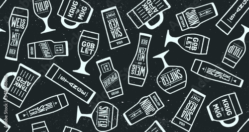 Seamless pattern, beer placemat. Seamless pattern with beer glassware types. Graphic design print for bar, pub, restaurant, beer theme. Beer placemat and graphic design print. Vector Illustration
