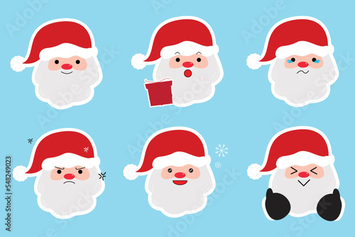 Merry Christmas cute Santa Claus faces with smile, cry, angry, happy, excited and sad emotion. cartoon vector illustration.