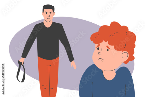 Angry father goes to a child and holding belt in his hand vector isolated. Illustration of a parental abuse, bad relationship. Boy kid is afraid of dad. Violence in family.