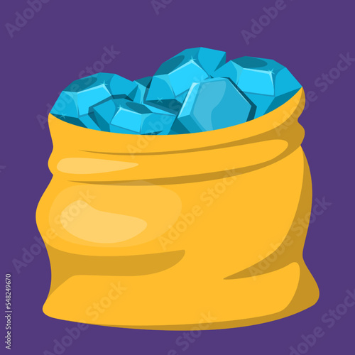 Sack full of diamonds. Vector illustration of a treasure in the bag. Wealth and success concept. Game icon, blue gemstones in the sack